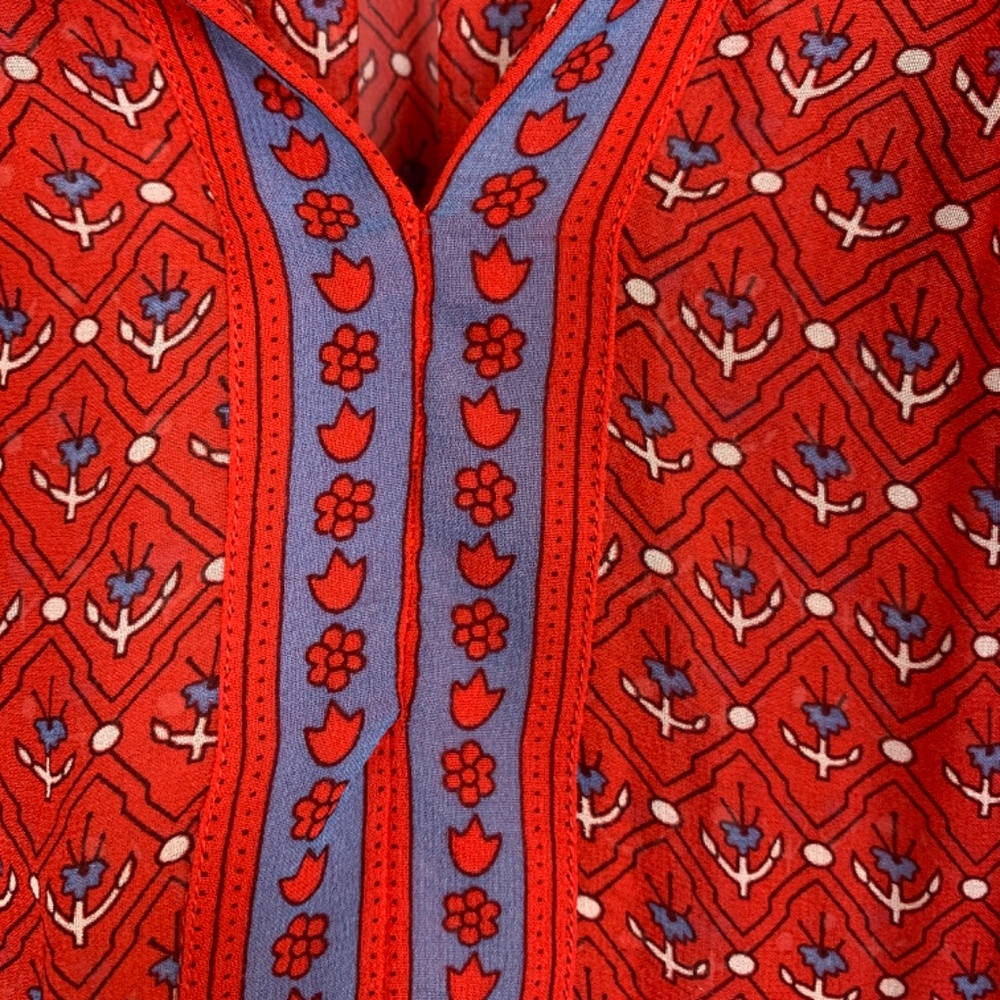Ulla Johnson Silk Ruffle Top Blouse Womens Size 2 Red Floral Tassel Tie Sheer - Picture 6 of 14